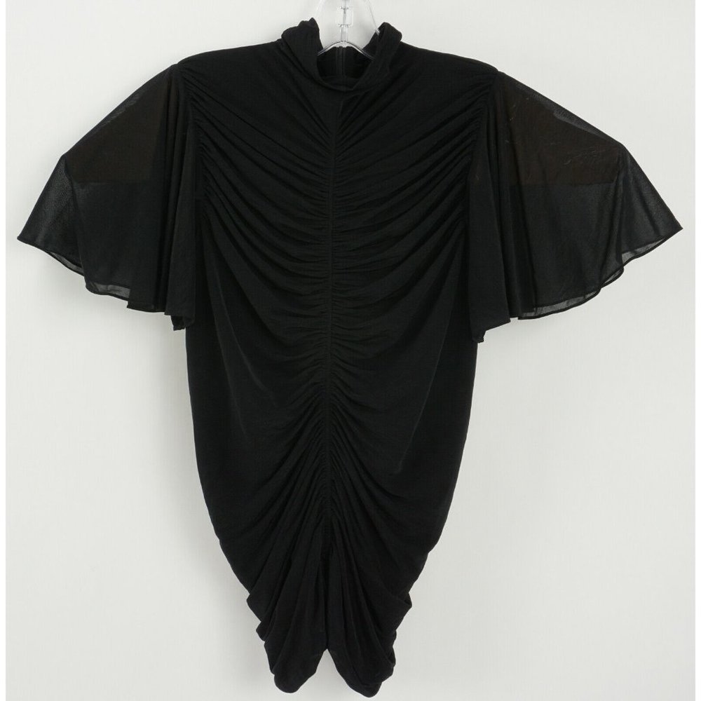 New Diane Von Furstenberg Womens Medium Black Crepe Flutter Sleeve Ruched Blouse